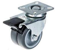 Parnells 75mm 3" Twin Wheel Castor Grey Rubber Swivel With Brake 100Kg Capacity