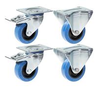 Parnells 80mm 3" Castor Blue Rubber Brake & Fixed Strong 560Kg Capacity, Set Of 4