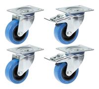 Parnells 80mm 3" Castor Blue Rubber Swivel & Brake Strong 560Kg Capacity, Set Of 4
