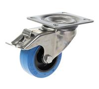 Parnells 80mm Stainless Steel Swivel/brake Castor With Blue Elastic Rubber On Nylon Centr