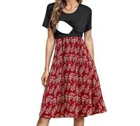 PARNIXS Women's Nursing Dress Summer Short Sleeve Patchwork Pregnancy Clothes with Pockets,S