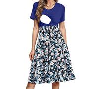 PARNIXS Women's Nursing Dress Summer Short Sleeve Patchwork Pregnancy Clothes with Pockets,S