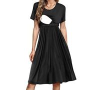 PARNIXS Women's Nursing Dress Summer Short Sleeve Patchwork Pregnancy Clothes with Pockets,S Black