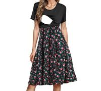 PARNIXS Women's Nursing Dress Summer Short Sleeve Patchwork Pregnancy Clothes with Pockets,XL