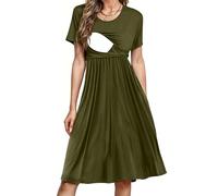 PARNIXS Women's Nursing Dress Summer Short Sleeve Patchwork Pregnancy Clothes with Pockets,XL Army Green