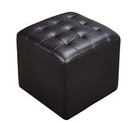 PAROBDO Leather Upholstered Cube Pouf Ottoman,pouffe Footstool Solid Wood Square Leather Living Room Coffee Table Small Bench-black 40x40x35cm(16x16x14inch)