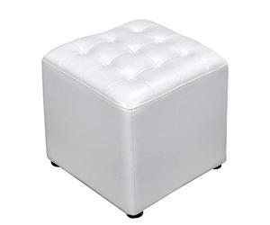 PAROBDO Leather Upholstered Cube Pouf Ottoman,pouffe Footstool Solid Wood Square Leather Living Room Coffee Table Small Bench-white 40x40x35cm(16x16x14inch)