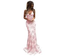 PARPIS Elegant Mermaid Train Prom Dresses Glitter Sequin Applique Evening Dress Spaghetti Straps V-Neck Floor Length Party Gown Pink