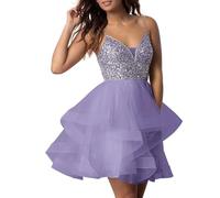 PARPIS Glitter V-Neck Sequin Prom Dress Short Spaghetti Strap Tulle Homecoming Dresses Backless A-Line Graduation Party Gown Lavender
