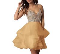 PARPIS Glitter V-Neck Sequin Prom Dress Short Spaghetti Strap Tulle Homecoming Dresses Backless A-Line Graduation Party Gown Gold