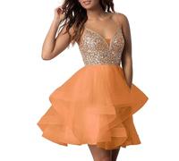 PARPIS Glitter V-Neck Sequin Prom Dress Short Spaghetti Strap Tulle Homecoming Dresses Backless A-Line Graduation Party Gown Orange