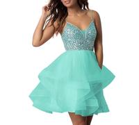 PARPIS Spaghetti Strap Sweet 17 Dresses Short Tulle V-Neck Prom Dress Sparkly Sequin Homecoming Dresses for Teens Mint Green