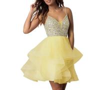 PARPIS Spaghetti Strap Sweet 64 Dresses Short Tulle V-Neck Prom Dress Sparkly Sequin Homecoming Dresses for Teens Yellow