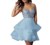 PARPIS Spaghetti Strap Sweet 89 Dresses Short Tulle V-Neck Prom Dress Sparkly Sequin Homecoming Dresses for Teens Light Blue