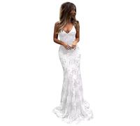 PARPIS Spaghetti Straps Sequin Evening Gowns Long Mermaid Tulle Prom Dresses V-Neck Empire Waist Train Formal Party Gown White
