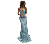 PARPIS Spaghetti Straps V-Neck Evening Formal Sequin Dress Bodycon Mermaid Prom Dresses Long Sweet Tulle Sleeveless Party Gown Dusty Blue