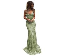 PARPIS Spaghetti Straps V-Neck Evening Formal Sequin Dress Bodycon Mermaid Prom Dresses Long Sweet Tulle Sleeveless Party Gown Sage Green