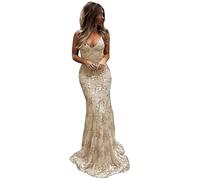 PARPIS Spaghetti Straps V-Neck Evening Formal Sequin Dress Bodycon Mermaid Prom Dresses Long Sweet Tulle Sleeveless Party Gown Champagne