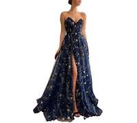 PARPIS Sparkle Starry Tulle Prom Dresses Long Strapless V-Neck Evening Gowns with Slit A-Line Formal Party Dress for Women Navy Blue