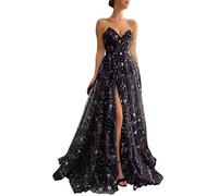 PARPIS Sparkle Starry Tulle Prom Dresses Long Strapless V-Neck Evening Gowns with Slit A-Line Formal Party Dress for Women Black