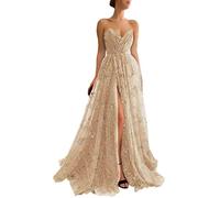 PARPIS Sparkle Starry Tulle Prom Dresses Long Strapless V-Neck Evening Gowns with Slit A-Line Formal Party Dress for Women Champagne