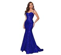 PARPIS Sparkly Sweetheart Sequin Evening Dresses Mermaid Floor Length Prom Gowns Spaghetti Strap Train Party Dress for Women Royal Blue