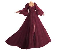 PARPIS Sweet Tulle Sweetheart Ball Gown Puffy Long Sleeve Prom Dress with Split Floral Applique A-line Evening Gowns for Teens Burgundy