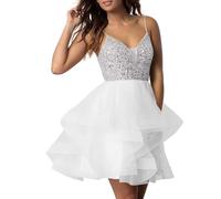 PARPIS Tulle Sequin Cocktail Party Gown Spaghetti Strap Backless Homecoming Dress Mini A-Line Sweet 16 Dresses for Junior White
