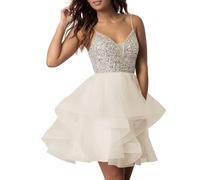 PARPIS Tulle Sequin Cocktail Party Gown Spaghetti Strap Backless Homecoming Dress Mini A-Line Sweet 16 Dresses for Junior Ivory