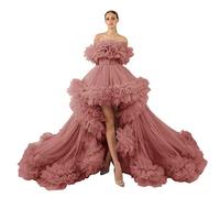 PARPIS Women’s Asymmetrical Tulle Ball Gowns Off Shoulder Strapless Train Prom Dresses Ruffle A-line Formal Evening Dress Dusty Rose