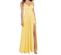 PARPIS Women’s Silk Satin A-line Bridesmaid Dresses Spaghetti Strap V-Neck Backless Prom Gowns with Split Formal Party Dress Yellow