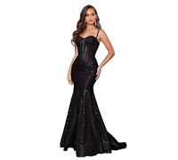 PARPIS Women’s Spaghetti Strap Bodycon Evening Gowns Glitter Mermaid Sequin Prom Dresses Long Train Formal Party Gown Black