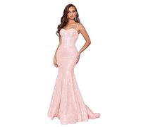 PARPIS Women’s Spaghetti Strap Bodycon Evening Gowns Glitter Mermaid Sequin Prom Dresses Long Train Formal Party Gown Pink