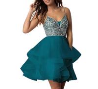 PARPIS Women’s V-Neck Short Cocktail Dresses Spaghetti Strap A-Line Homecoming Dress Mini Tulle Sequin Formal Prom Gown