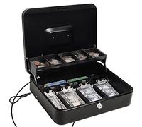 Parrency Cash Box with Key Lock，Lock Box Safe Storage Security Locker with Security Cable,Durable Metal Cash Box with Money Tray，Black