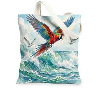 Parrot Bird Canvas Tote Bag for Shopping 13 * 15, Cool Sea Ocean Waves Scenery Reusable Grocery Bag for Women, Animal Travel Pattern Gift Decoration