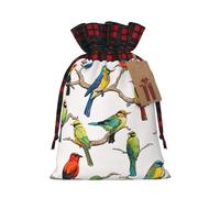 Parrot Birds And Tropical Tree Print Christmas Drawstring Linen Gift Bags Reusable Fabric Bags With Tags For Christmas Gifts