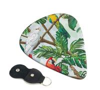 Parrot Birds and Tropical Tree Printed Guitar Picks, 6 Pack with Leather Keychain Pick Holder - 0.46mm, 0.71mm, 0.96mm Assorted Thickness for Acoustic Ukulele, Electric Guitar, Acoustic Guitar, Bass