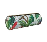 Parrot Birds and Tropical Tree Printed Leather Pencil Case Cute Stationery Organizer Round Makeup Bag Pen Pouch, Gold Zipper