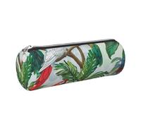 Parrot Birds and Tropical Tree Printed Leather Pencil Case Cute Stationery Organizer Round Makeup Bag Pen Pouch, Silver Zipper