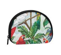 Parrot Birds and Tropical Tree Printed Mini Coin Pouch, Shell Shape Zip Around Wallet, Small Zipper Pouch for Cash, Cards, Keys, Lipstick, Storage Pouch, Travel Organizer