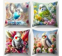 Parrot Flowers Cushion Covers 55x55cm Set of 4 Decorative Throw Pillow Covers 22x22inch Soft Velvet Square Cushion Cases for Home Living Room Sofa Couch Bed Pillowcases