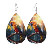 Parrot on a branch Pattern leather earrings | Water drop-shaped printed earrings, suitable for daily/party/dating scenes