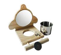Parrot Perch Stand - Bird Cage Accessory | Wooden Frame with Mirror Attachment & Feeding Cups for Lovebird Entertainment, Parakeet Exercise, Conure Interaction and Small Bird Engagement