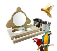 Parrot Perch Wooden Parakeet Mirror Toy Bird Parrot Perch with Mirror and Feeding Cups Cage Play Toy for Lovebird B