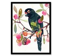 Parrot Perched on Fruit Tree Branch Watercolour Framed Wall Art Artery8 Green A4
