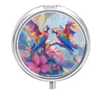 Parrot Pink Flower Pill Case Box with 3 Compartment Medicine Vitamin Organizer for Purse Pocket 5x5cm