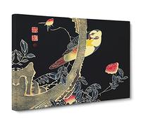 Parrot & Rose Bush By Ito Jakuchu Asian Japanese Canvas Wall Art Print Ready to Hang, Framed Picture for Living Room Bedroom Home Office Décor, 24x16 Inch (60x40 cm)