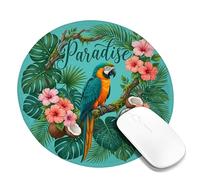 Parrot Small Mouse Pad, Tropical Vibrant Hibiscus Coconut Summer Turquoise Round Rubber Smooth Stitched Edge Cloth Mousepad Desk Decor for Office Home Dorm Laptop Round 8x8 Inch