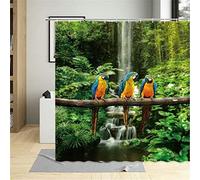 Parrot Tropical Jungle Theme 3D Shower Curtain Blue And Yellow Bird Palm Green Trees Waterfall Backdrop Outdoor Forest Garden Picture Bathroom Personalized Decor Fabric With Hook 180X180cm/71X71 Inch